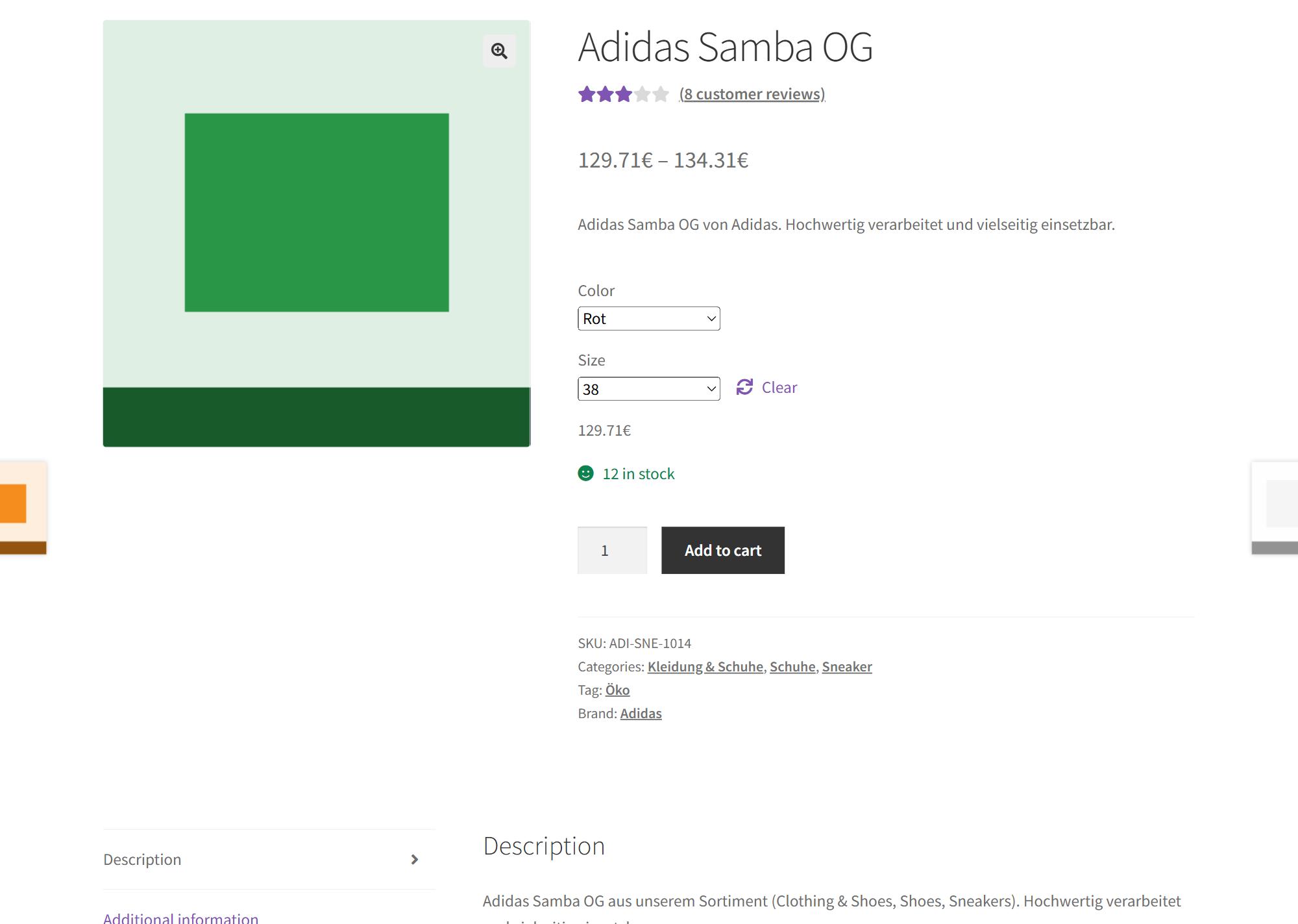 A product link opened by the assistant: German language, euro prices, variation preselected