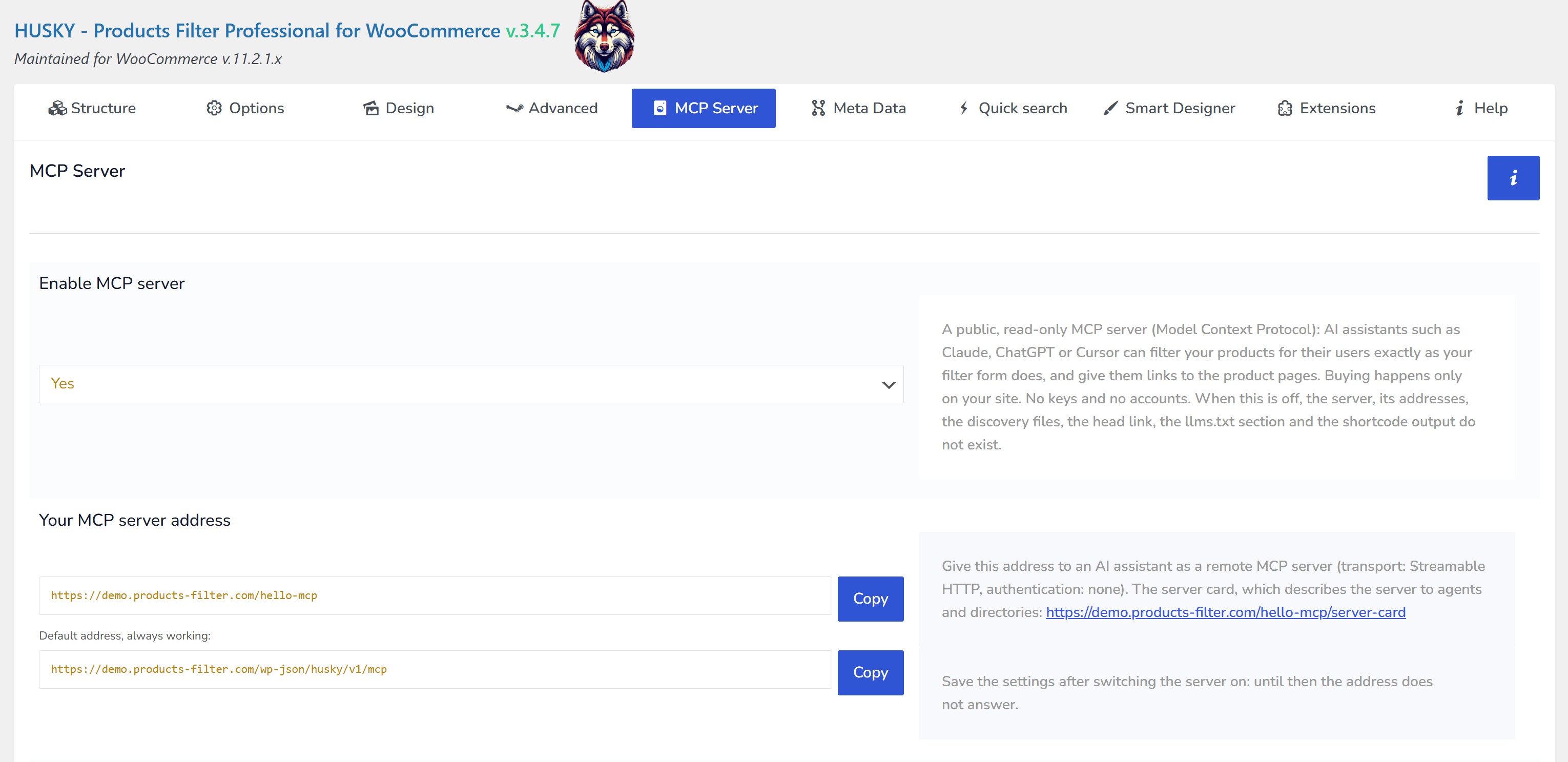 The MCP Server tab in the HUSKY settings